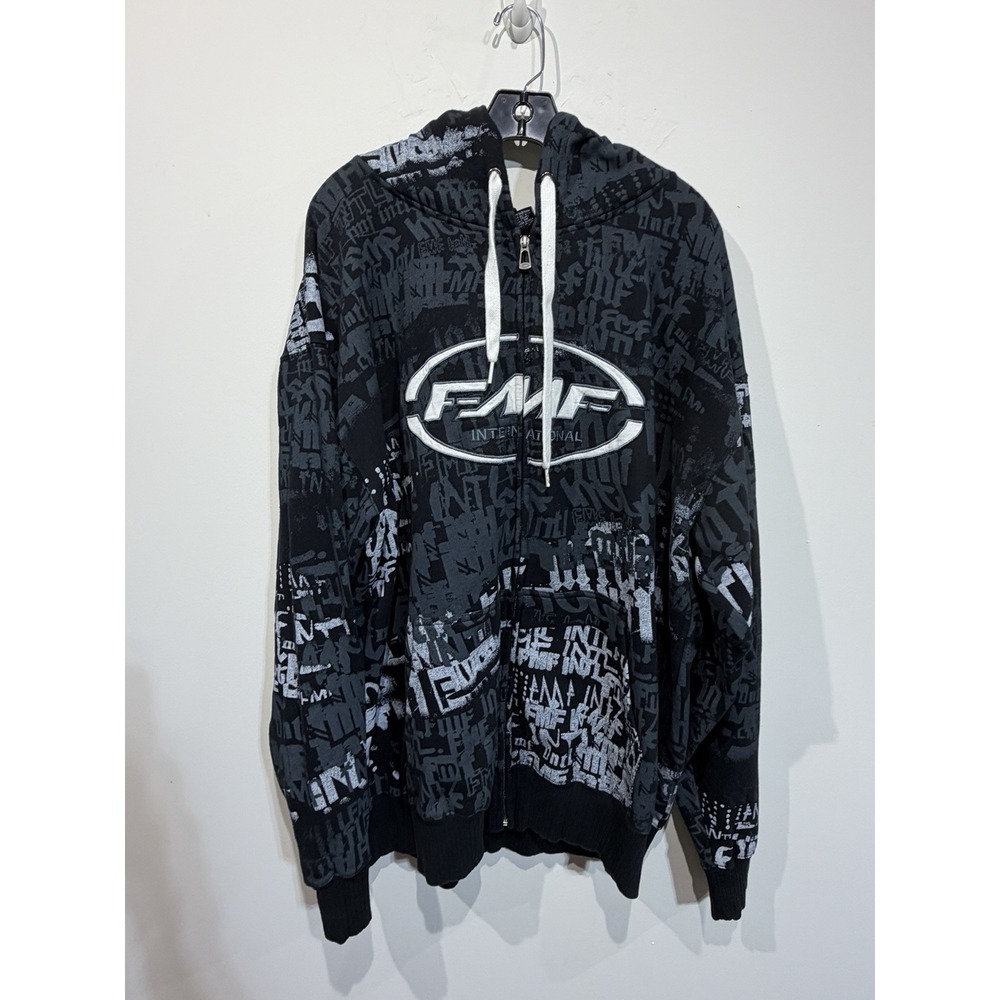 FMF Racing Hoodie 2XL Black White Full Zip Logo Motocross All Over Print Graphic